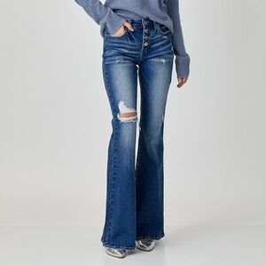 NWT RISEN Dark Wash High Rise Distressed Button Fly Flare Jeans